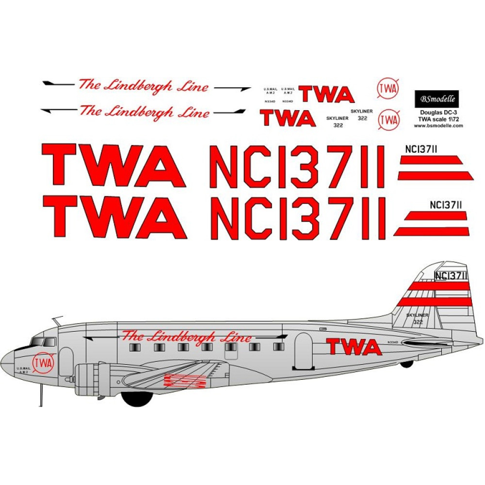 BSmodelle 720325 1/72 Douglas DC3 TWA decal for model aircraft scale